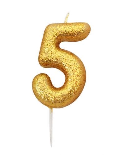 Age 5 Glitter Numeral Moulded Pick Candle Gold