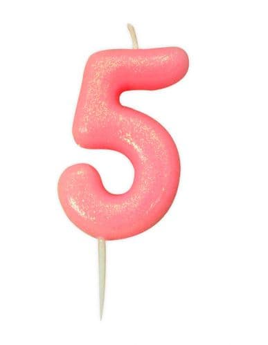 Age 5 Glitter Numeral Moulded Pick Candle Pink