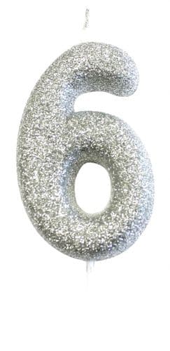 Age 6 Glitter Numeral Moulded Pick Candle Silver