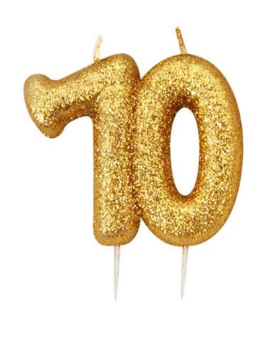 Age 70 Glitter Numeral Moulded Pick Candle Gold