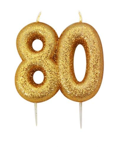 Age 80 Glitter Numeral Moulded Pick Candle Gold