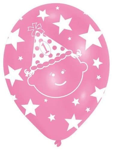 All Round Printed First Birthday Girl Latex Balloons Packet of 6 x 11"