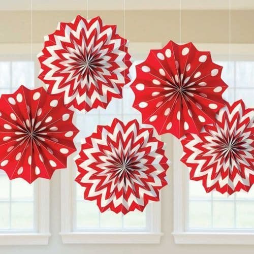 Apple Red Dots & Chevron Paper Fans 20cm pack of 5.