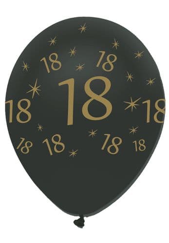 Black and Gold 18th 12" Latex Balloons Pearlescent All Round Print 6 per pack