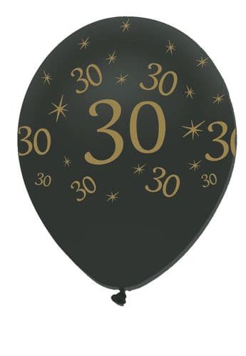 Black and Gold 30th 12" Latex Balloons Pearlescent All Round Print 6 per pack