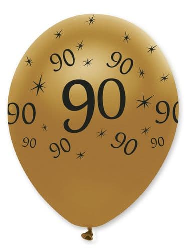 Black and Gold 90th 12" Latex Balloons Pearlescent All Round Print 6 per pack