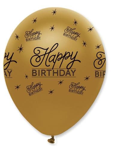 Black and Gold Happy Birthday Latex Balloons Pearlescent All Round Print 6 x 12" per pack