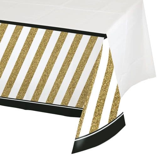 Black and Gold Plastic Tablecover Border Print 54" x 102"