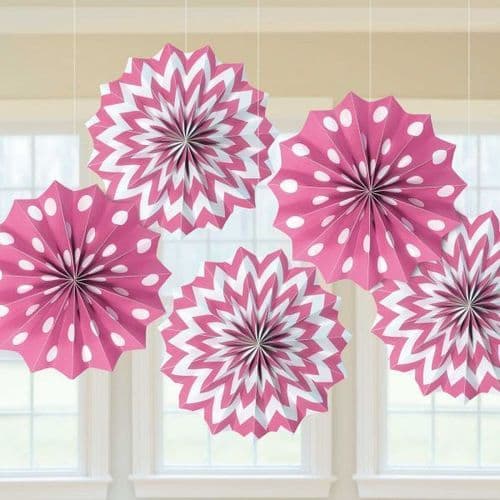 Bright Pink Dots & Chevron Paper Fans 20cm pack of 5.