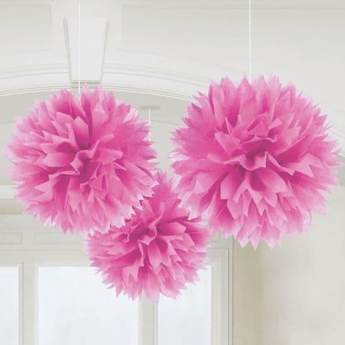 Bright Pink Fluffy Paper Decorations 40cm pack of 3.
