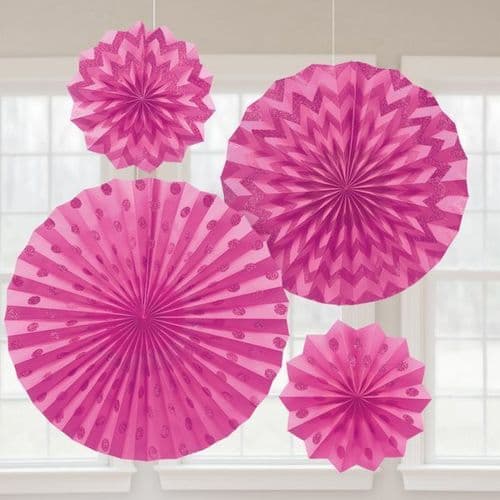 Bright Pink Glitter Paper Fans/4