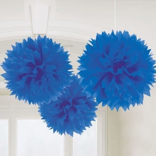 Bright Royal Blue Paper Fluffy Decorations 40cm 3 per pack.