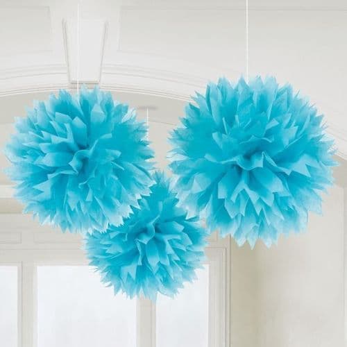 Caribbean Blue Paper Fluffy Decorations 40cm pack of 3.