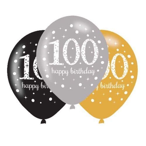 Gold Celebration Happy 100th Birthday Latex Balloons 11" x 6 per pack.