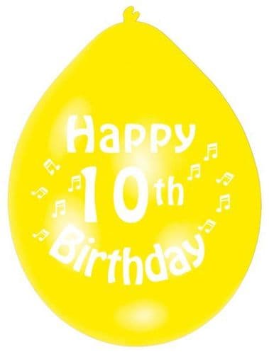 Happy 10th Birthday Latex Balloons 10 per pack.