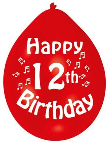 Happy 12th Birthday Latex Balloons 10 per pack.