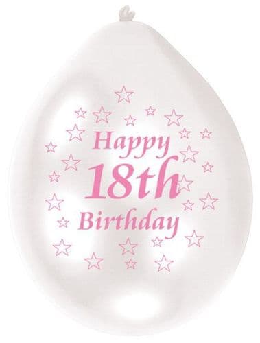 Happy 18th Birthday Pink/White Latex Balloons 10 per pack.