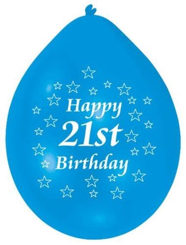 Happy 21th Birthday Blue/White Latex Balloons 10 per pack.