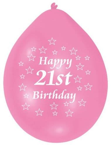 Happy 21th Birthday Pink/White Latex Balloons 10 per pack.