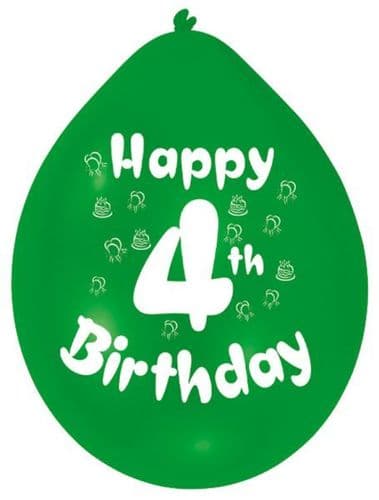 Happy 4th Birthday Latex Balloons 10 per pack.