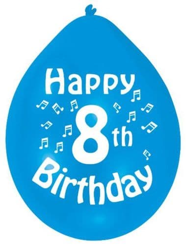 Happy 8th Birthday Latex Balloons 10 per pack.