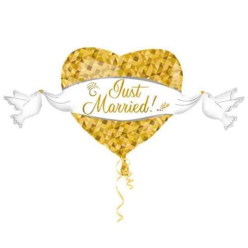 Just Married Heart and Doves SuperShape Foil Balloons 41" x 21"