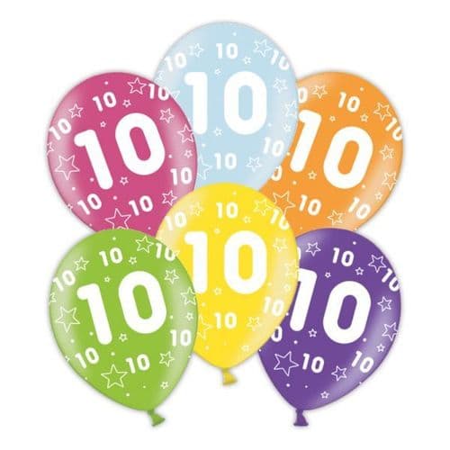 Packet of 25 x 11" 10th Birthday Assorted Colours Printed Latex Balloons