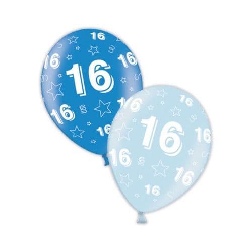 Packet of 25 x 11" 16th Birthday Rich Blue & Icy Blue Printed Latex Balloons