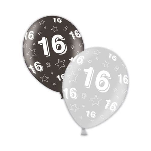 Packet of 25 x 11" 16th Birthday Shimmering Silver & Deepest Black Printed Latex Balloons