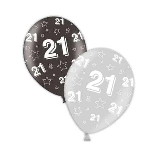 Packet of 25 x 11" 21st Birthday Shimmering Silver & Deepest Black Printed Latex Balloons