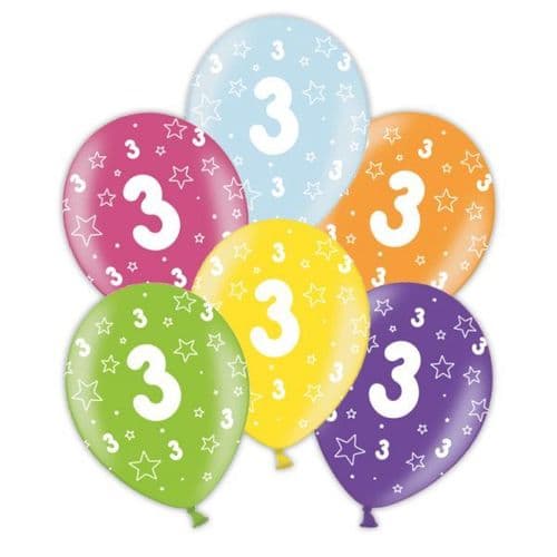 Packet of 25 x 11" 3rd Birthday Assorted Colours Printed Latex Balloons