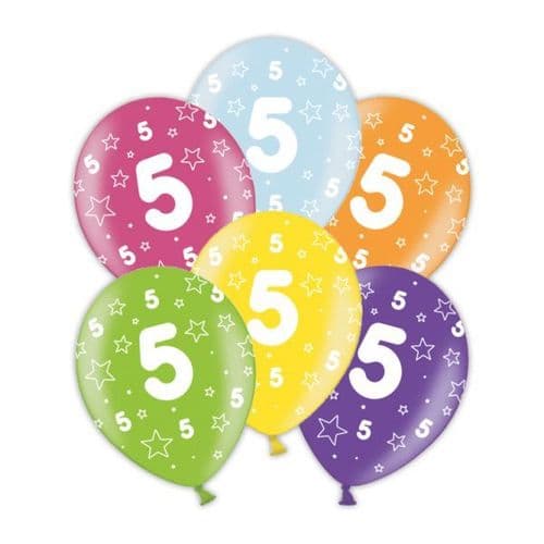 Packet of 25 x 11" 5th Birthday Assorted Colours Printed Latex Balloons