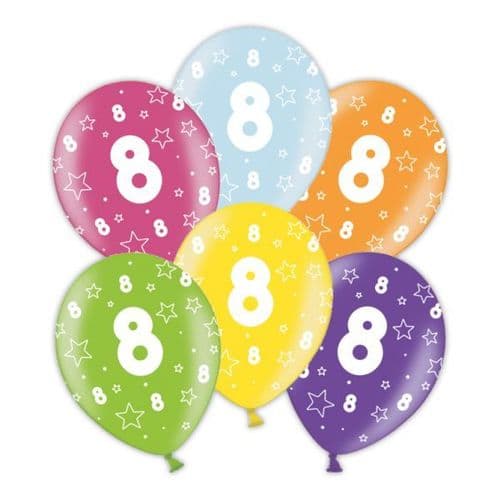 Packet of 25 x 11" 8th Birthday Assorted Colours Printed Latex Balloons
