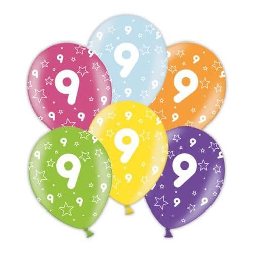 Packet of 25 x 11" 9th Birthday Assorted Colours Printed Latex Balloons