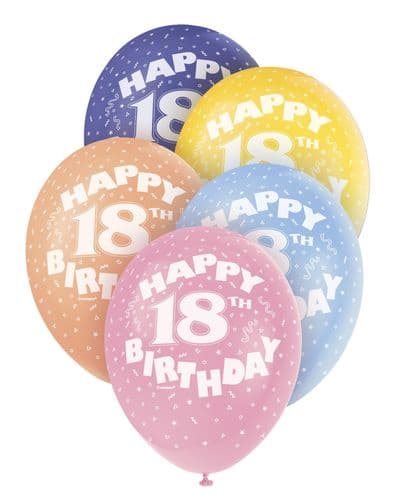 Pearlized Happy 18th Birthday Balloons 5 x 12" colours may vary.
