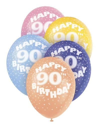 Pearlized Happy 90th Birthday Balloons 5 x 12" colours may vary.