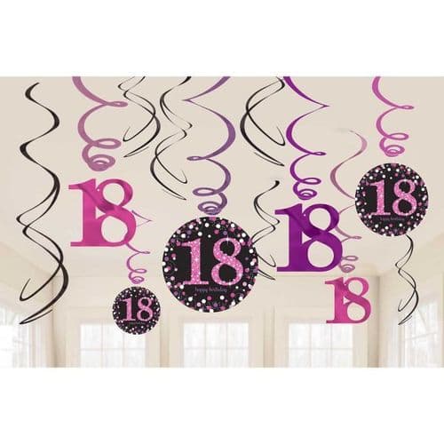 Pink Celebration 18th Hanging Swirl Decorations 12 per pack.