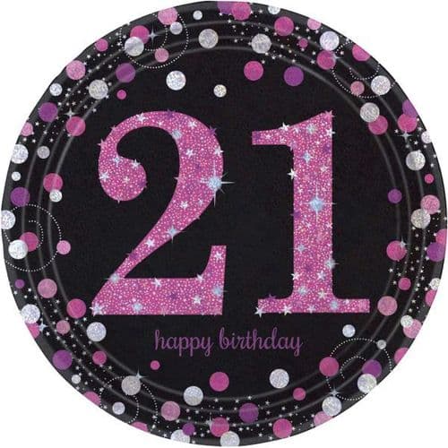 Pink Celebration 21st Birthday Prismatic Paper Plates 23cm 8 per pack.