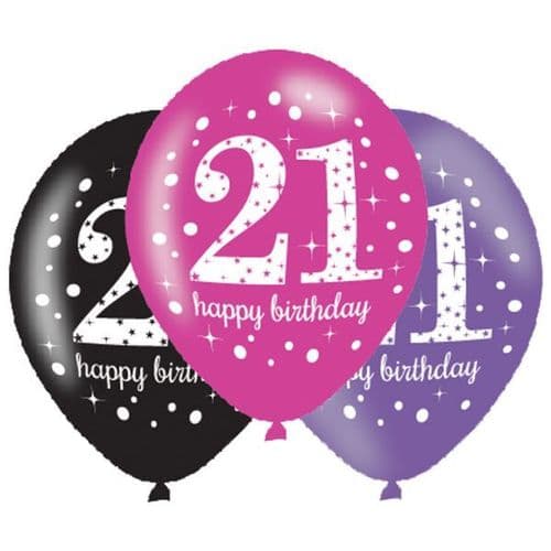 Pink Celebration 21st Happy Birthday Latex Balloons 6 per pack.