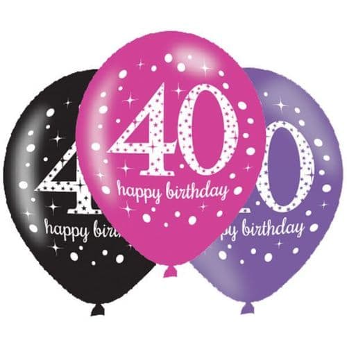 Pink Celebration 40th Happy Birthday Latex Balloons 11" 6 per pack.