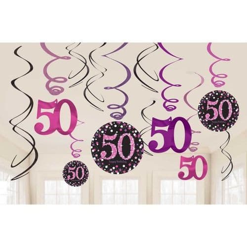 Pink Celebration 50th Hanging Swirl Decorations 12 per pack.
