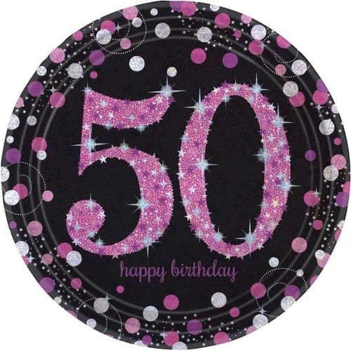 Pink Celebration 50th Prismatic Paper Plates 23cm 8 per pack.