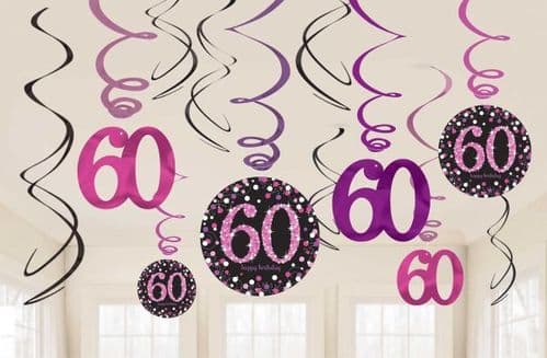 Pink Celebration 60th Hanging Swirl Decorations 12 per pack.