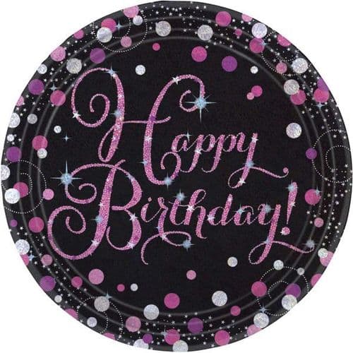 Pink Celebration Happy Birthday Prismatic Paper Plates 23cm 8 per pack.