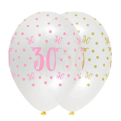 Pink Chic Age 30th 12" Latex Balloons Crystal Clear All Round Print 6 per pack