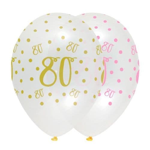 Pink Chic Age 80th 12" Latex Balloons Crystal Clear All Round Print 6 per pack