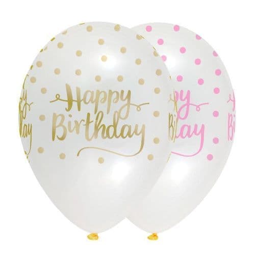 Pink Chic Happy Birthday 12" Latex Balloons Crystal Clear All Round Print 6 per pack