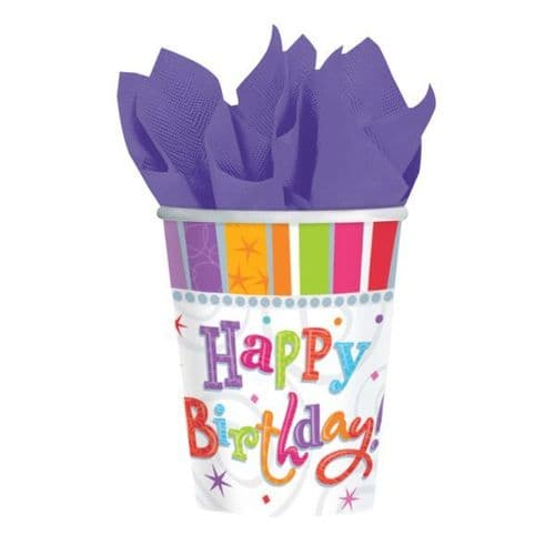 Radiant Birthday Paper Cups 266ml 8 per pack.