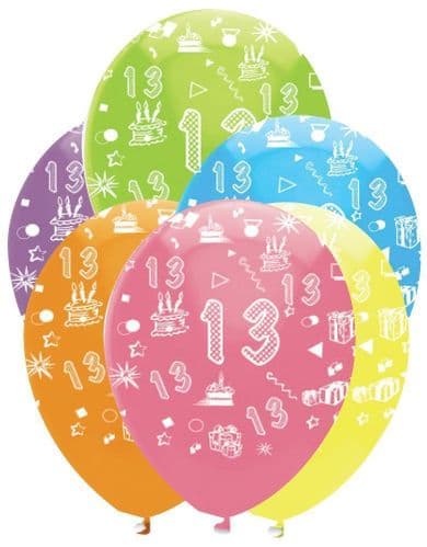 Age 13 Bright Mix Latex Balloons All Round Print 6 x 12" per pack