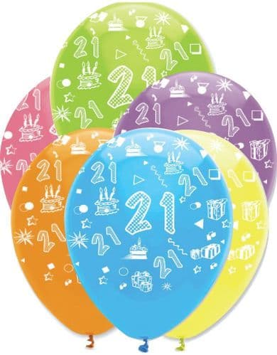 Age 21 Bright Mix Latex Balloons All Round Print 50 x 12